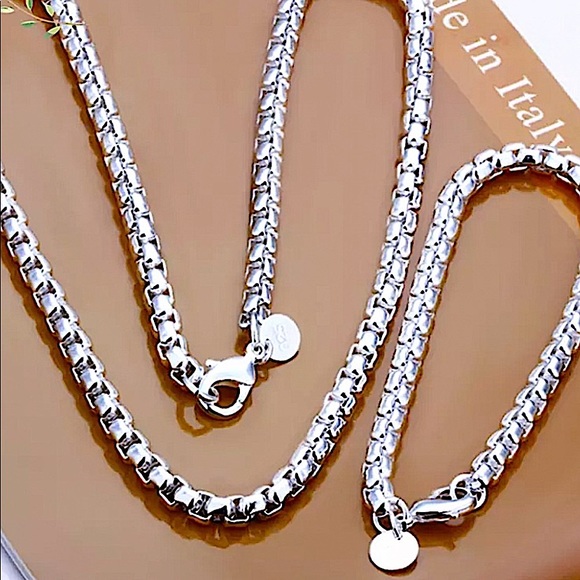 STERLING SILVER BOX CHAIN LINK MATCHING NECKLACE BRACELET SET - Picture 1 of 6